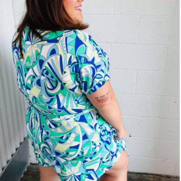 Green & Blue Geometric Print Surplice Romper 3X - Picture 2 of 4